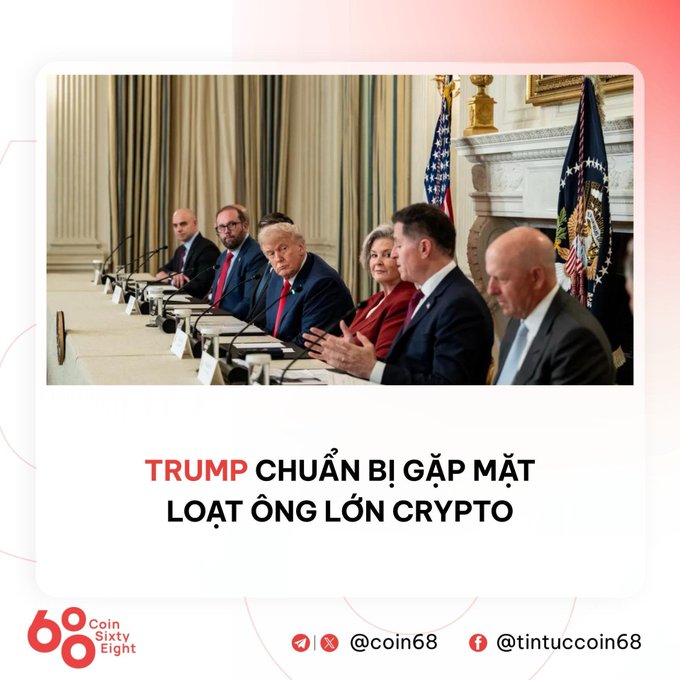 The image shows several officials seated at a long table in a formal White House setting, with the caption "TRUMP CHUẨN BỊ GẶP MẶT LOẠT ÔNG LỚN CRYPTO" (Trump prepares to meet major crypto figures), aligning with the post about President Trump scheduling a White House meeting with crypto and prediction market leaders on August 19th.