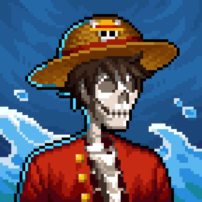 A pixel art illustration of a skeleton wearing a wide-brimmed straw hat with a red band and a red coat with gold buttons against a cloudy blue sky.