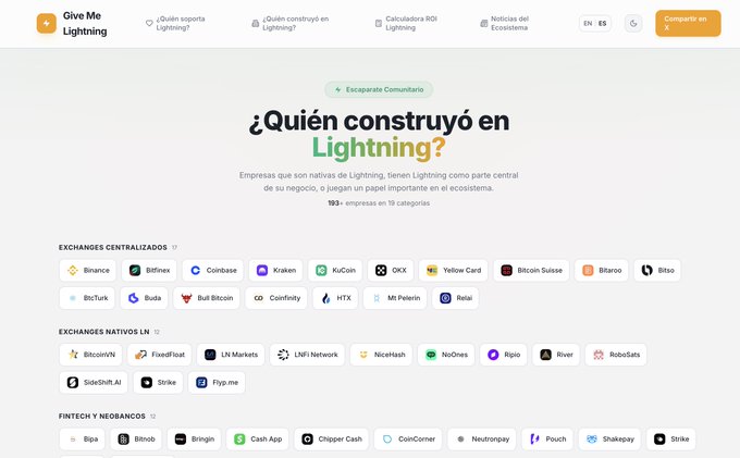 The image shows a computer screen displaying a website called "Given Me Lightning", which appears to be an online marketplace for Bitcoin exchanges. The website features a list of various Bitcoin exchange options, including different types of exchanges such as peer-to-peer, centralized, and decentralized exchanges. The text on the page is in Spanish, indicating that it is available in multiple languages.