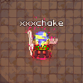 Pixel art of a character named 'xxxchoke' wearing a yellow and blue outfit with a crown, holding weapons, surrounded by a red pixelated aura on a brown tiled background.