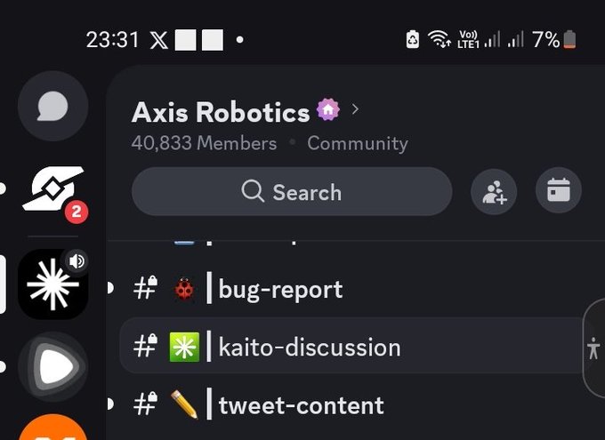 A Discord community screenshot for "Axis Robotics" showing 40,833 members with channels like #bug-report, #kaito-discussion, and #tweet-content visible.