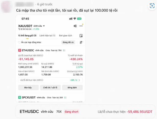 Vietnamese-language cryptocurrency trading interface showing an ETHUSDC perpetual position with -$1,145.05 unrealized P&L (-430.24%) and a separate short position with -$59,486.95 USDT unrealized loss.