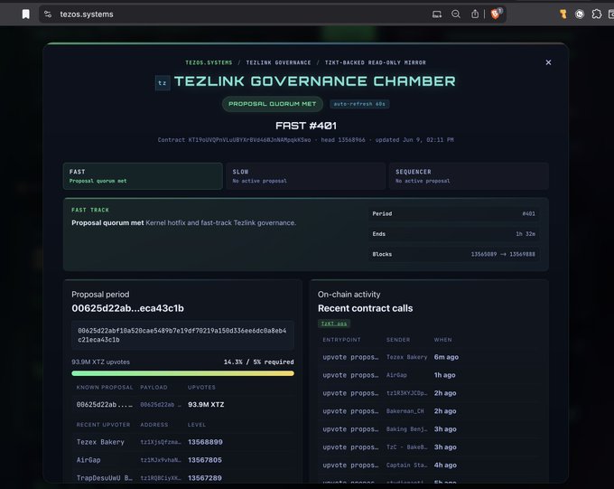 The image shows a screenshot of a computer screen displaying information about the Tezlink Governance Chamber, which was deployed without user input. The text "tezlink/Etherlink governance chamber has been deployed" indicates that the deployment process is complete. However, there are no users or permissions displayed on the screen, suggesting that the deployment may not have gone through a formal approval process.
