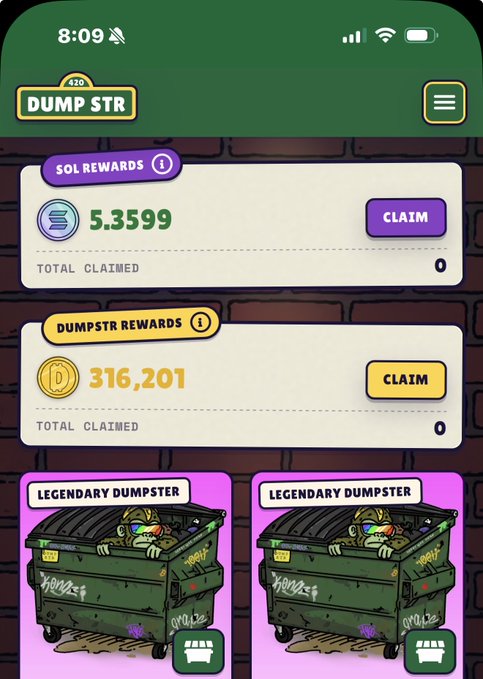 A mobile app screen for 'DUMP STR' showing 'SOL REWARDS' of 5.3599 and 'DUMPSTR REWARDS' of 316,201 with claim buttons and 'LEGENDARY DUMPSTER' items.