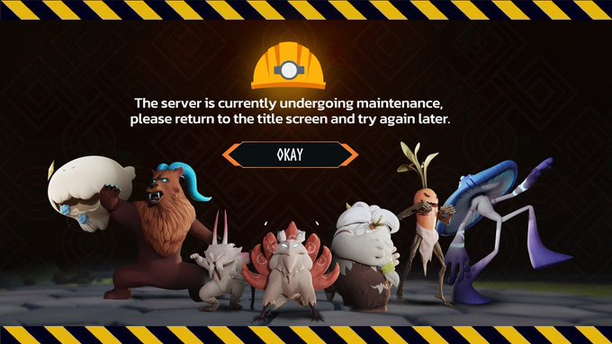 A maintenance screen featuring Pokémon characters displays the message "The server is currently undergoing maintenance, please return to the title screen and try again later" with an "OKAY" button, indicating that the Testnet is temporarily down for the v1.13 patch update.