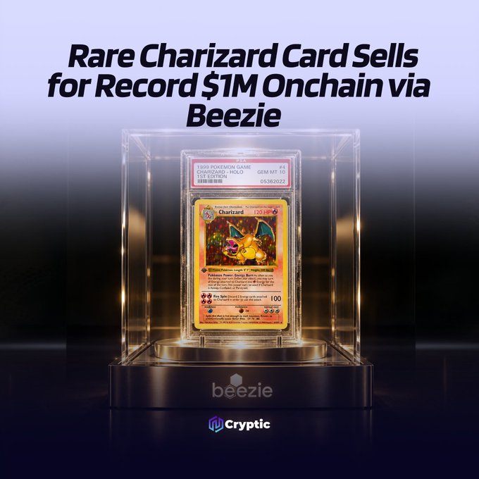 A PSA 10 1st Edition Base Set Charizard Pokémon card, graded GEM MT 10 (cert #05362022), is displayed in a protective case with a gold "beezie" base beneath the headline "Rare Charizard Card Sells for Record $1M Onchain via Beezie." The image visually reinforces the record-breaking $1 million onchain sale announced in the post, showcasing the prized card at the center of the milestone transaction.