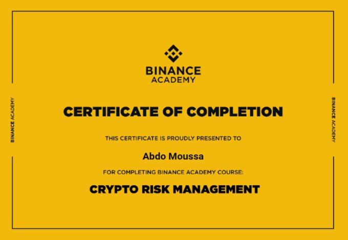 A yellow Binance Academy Certificate of Completion awarded to Abdo Moussa for completing the "Crypto Risk Management" course.