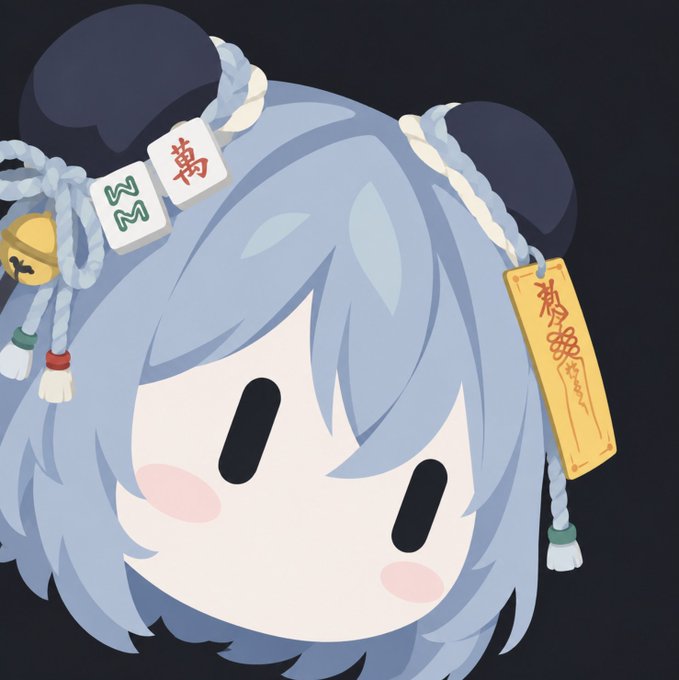 A chibi-style anime character with light blue hair, bear-like ears, and a cute minimal face is depicted against a dark background. The character wears a headband featuring mahjong tiles displaying "3M" and a "萬" (wan/man) tile in red, along with a small bell and a golden talisman charm, evoking a traditional Japanese mahjong-themed aesthetic.
