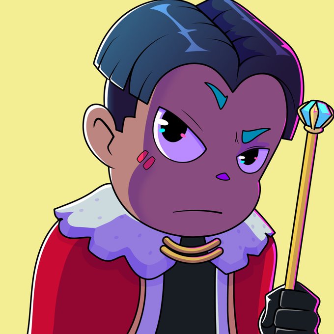 An illustrated character with purple skin, dark hair, wearing a red royal cape and holding a golden staff with a blue gem.