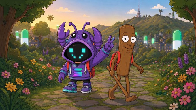 Two cartoon mascot characters—a purple robotic crab with a digital pixelated face and a smiling wooden log-like figure wearing a red backpack—walk together down a stone path, with a city skyline and observatory visible in the background. The image, tagged "$clawd," introduces new community members ("homie") to the project, using the friendly, pixel-art mascots to represent welcoming newcomers into the $clawd crypto squad.