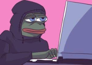A cartoon illustration of the sad Pepe the Frog character wearing a black hoodie, typing on a laptop against a pink background.