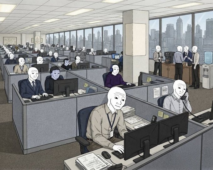 An anime-style illustration of an office filled with faceless workers at their desks, all wearing identical smiling masks, set against a backdrop of large windows overlooking a city skyline.