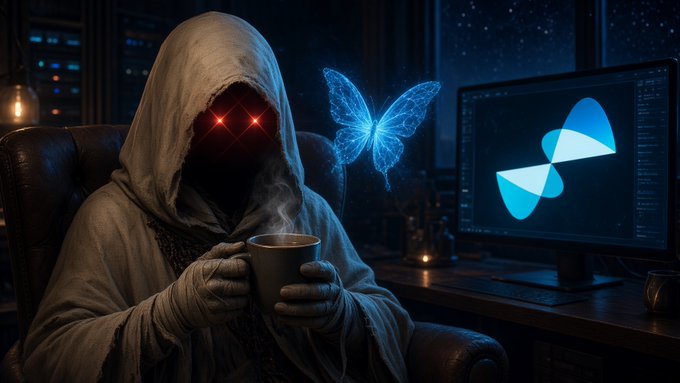 A stylized digital artwork of a hooded figure with glowing red eyes holding a steaming mug in a dark, tech-filled room, accompanied by a glowing blue butterfly and a computer monitor displaying the Aptos (APT) logo.