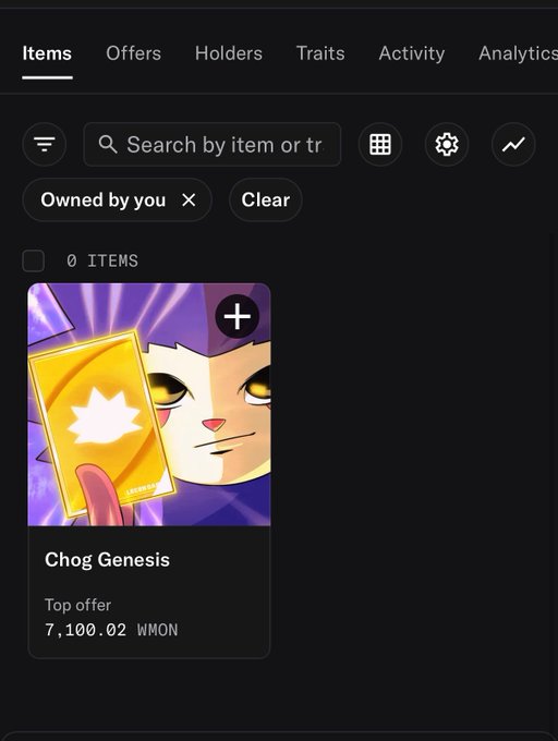 NFT marketplace interface showing 0 items, filtered 'Owned by you,' displaying a 'Chog Genesis' NFT with a top offer of 7,100.02 WMON.