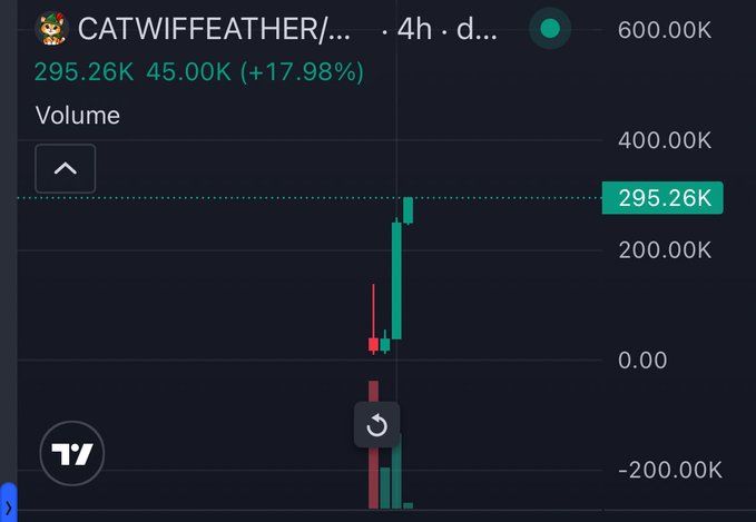A TradingView-style cryptocurrency chart showing the CATWIFFEATHER token at $295.26K, up 17.98%, with a 4-hour timeframe.