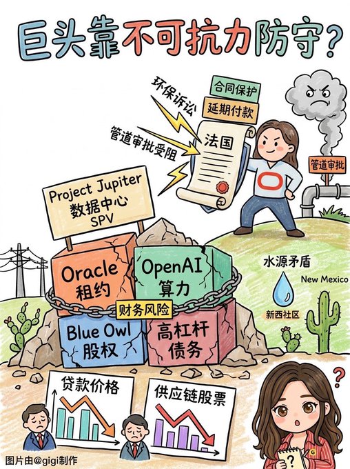 A Chinese infographic titled '巨头靠不可抗力防守?' depicts OpenAI, Oracle, and Blue Owl chained together amid challenges from France's environmental lawsuits and water conflicts in New Mexico.