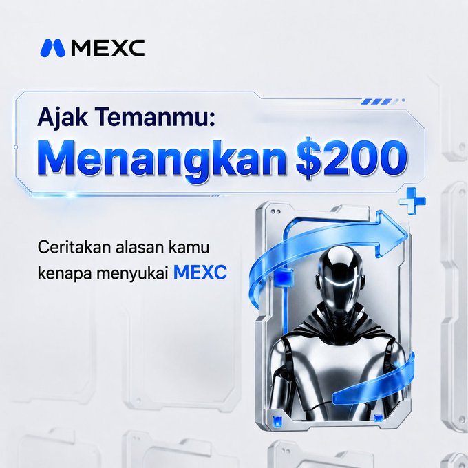 A MEXC referral giveaway banner in Indonesian reading "Ajak Temanmu: Menangkan $200" and "Ceritakan alasan kamu kenapa menyukai MEXC," featuring a futuristic robotic figure wrapped in a blue arrow, visually promoting the contest where users share their reason for liking MEXC.