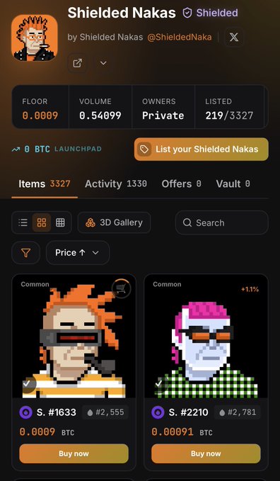 A mobile app screenshot showing the 'Shielded Nakas' NFT collection page by @ShieldedNaka on X, displaying pixel art character NFTs with stats including 219/3327 listed, floor price of 0.0009 BTC, and volume of 0.54099 BTC.