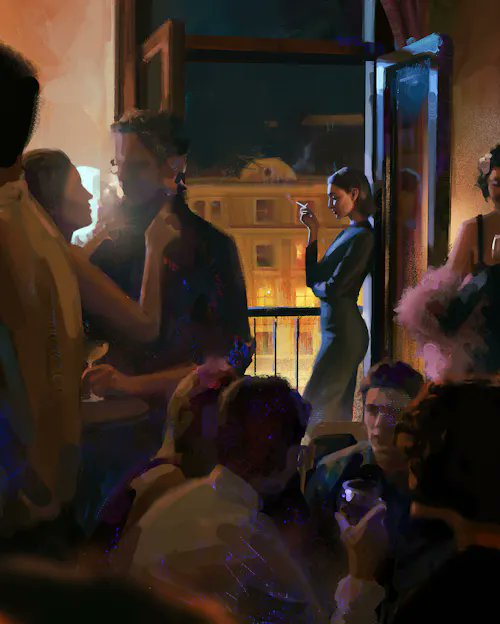 A dimly lit, impressionistic painting titled "Lviv Muse" by @tonyskeor captures an intimate gathering of elegantly dressed figures socializing inside a warmly lit room, with a woman standing by an open balcony overlooking a softly glowing European cityscape at night. The piece sold for 0.5 ETH on the RARE platform, its atmospheric blend of social ambiance and architectural glow conveying the title's evocative muse-like quality.