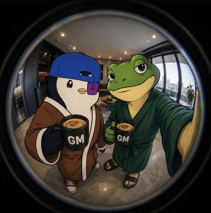 A cartoon illustration of a penguin wearing a blue cap and robe holding a coffee mug next to a frog in a green robe, both with 'GM' on their mugs, viewed through a circular frame.