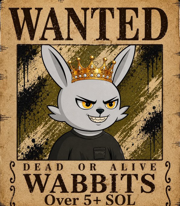 A vintage-style wanted poster features a smug rabbit wearing a golden crown with the text 'WANTED DEAD OR ALIVE WABBITS Over 5+ SOL'.