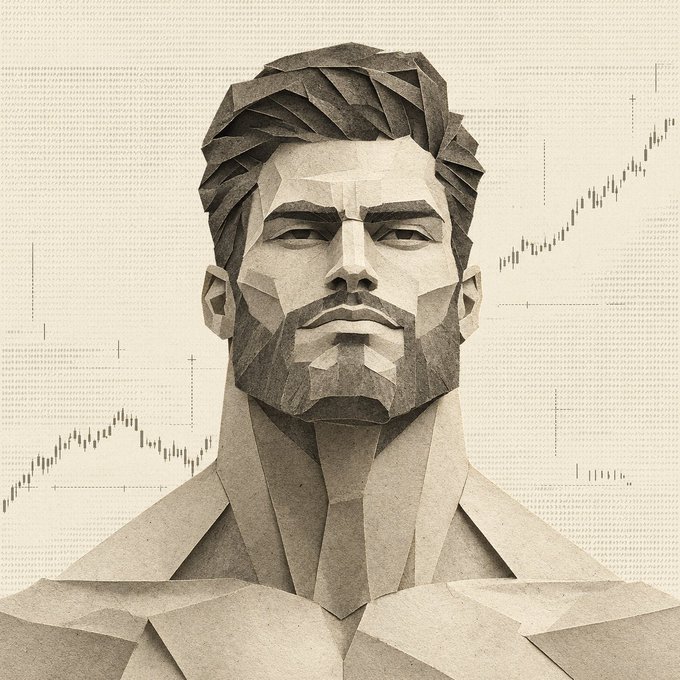 An origami-style geometric illustration of a bearded man in a suit rendered in brown paper tones, set against a sepia background featuring faint trading chart patterns and candlestick data.
