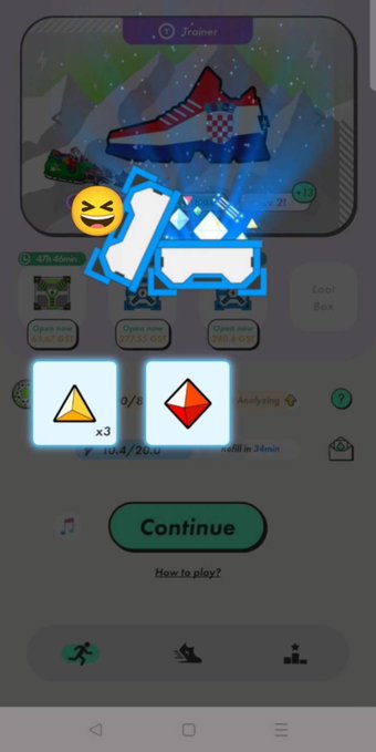 Another mobile game screen displaying a sneaker collection with a 'Jrainer' shoe, progress at 47h 45min, and a Continue button.