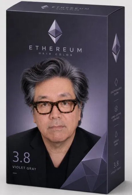 A product box labeled 'ETHEREUM HAIR COLOR 3.8 VIOLET GRAY' featuring a man with gray hair, styled as a parody of the Ethereum cryptocurrency branding.