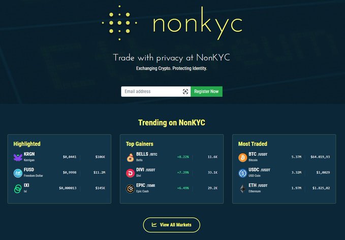 A screenshot of the NonKYC cryptocurrency exchange homepage with the tagline 'Trade with privacy at NonKYC', showing Trending markets including KRGN, FUSD, IXI (Highlighted), BELLS, DVI, EPIC (Top Gainers), and BTC, USDC, ETH (Most Traded).