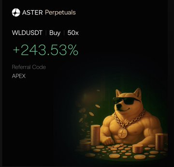A crypto trading screenshot from ASTER Perpetuals showing 'WLDUSDT Buy 50x' with a gain of '+243.53%', a referral code 'APEX', and an illustration of a muscular dog wearing sunglasses and a gold chain.
