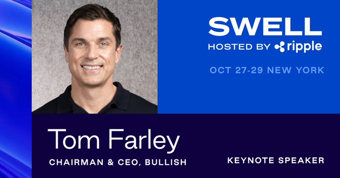 The image features a man's face with a name tag that reads "Tom Farley" and an email address, suggesting he might be a speaker at an event or conference. The background of the image is blue, which could indicate the color scheme for the event or venue where the event is taking place. The text in the image provides information about the event, such as its location (New York) and the date it will take place (October 27-29).