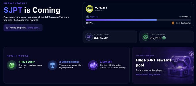 The image shows a "JPT Airdrop Season 1" dashboard for user "v0152281" playing as a Warlock, with 83,787.45 XP earned (ranking 2nd as a Spellcaster with 87.57% progress) and 82,600 total awarded, promoting the upcoming JPT token airdrop based on wagering activity. This aligns with the post about climbing the JackPotter leaderboard before TGE, where the user is in 2nd place on the sports leaderboard, as the displayed 2nd place rank and XP wagering metrics reflect their progress toward the airdrop.