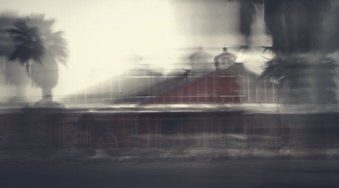 A blurry, dreamlike image of a red house with white trim, framed by silhouetted palm trees and bathed in hazy light, echoes the nostalgic memory of a cozy home surrounded by wilderness. The soft, indistinct quality of the photo mirrors the fleeting, uncertain nature of the dream described in the caption.