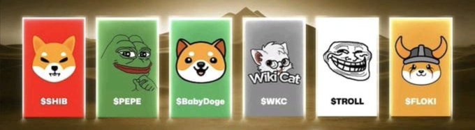 Six meme coin ticker graphics displayed together: $SHIB (Shiba Inu), $PEPE (Pepe), $BabyDoge, $WKC (Wiki Cat), $TROLL, and $FLOKI.