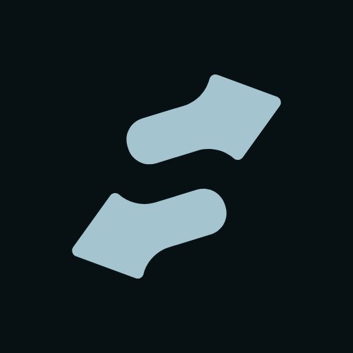 A minimalist icon showing two light gray sock shapes on a dark gray background, arranged as if in motion.