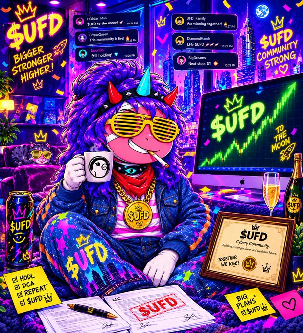 A vibrant purple and pink crypto-themed illustration featuring a character with sunglasses, a '$UFD' medallion, and various '$UFD' branding elements promoting a 'Cybery Community' with slogans like 'BIGGER STRONGER HIGHER!' and 'HODL DCA REPEAT'.