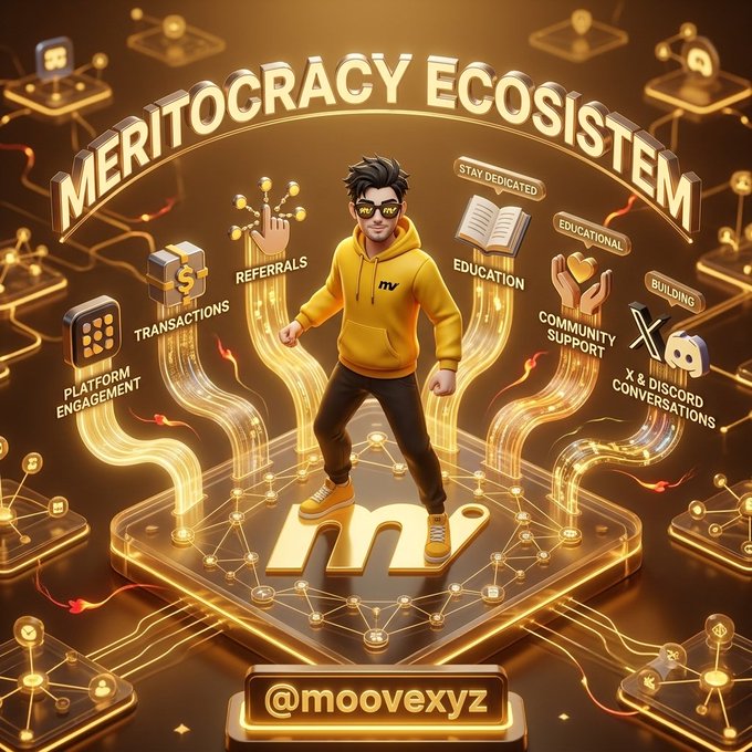A digital illustration titled 'MERITOCRACY ECOSYSTEM' showing a cartoon character in a yellow hoodie surrounded by glowing nodes representing activities like transactions, referrals, education, and community support, with the handle '@moovexyz'.