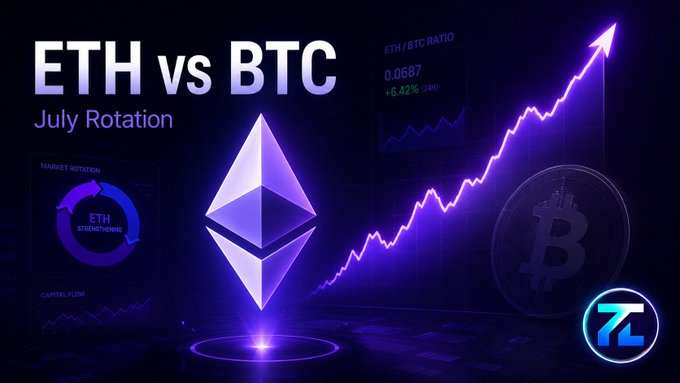 A digital graphic titled 'ETH vs BTC July Rotation' showing the Ethereum and Bitcoin logos, an upward trending chart line, and data indicating an ETH/BTC ratio of 0.0687 with a +6.42% 24H change.