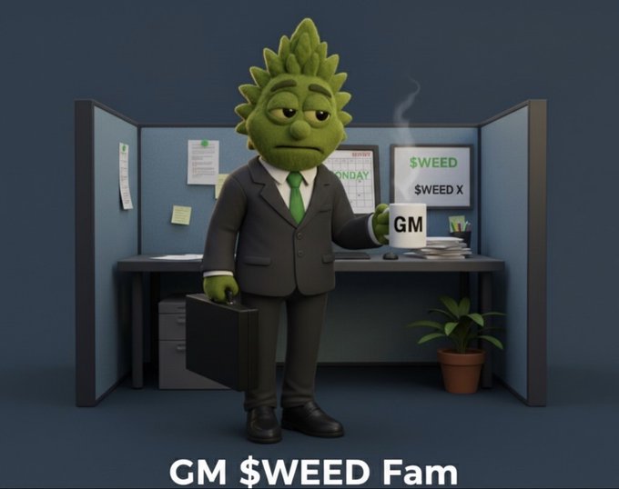 A 3D-rendered cartoon character with a green leafy head wearing a business suit and tie, holding a briefcase and a "GM" mug in an office cubicle; the text "GM $WEED Fam" appears at the bottom, alongside signs reading "$WEED" and "$WEED X".
