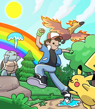 The image features a cartoon character, likely from the Pokemon series, running through an outdoor scene with various Pokemon characters around him. The main character appears to be wearing a baseball cap and has a green glove on his hand. There are also other Pokemon characters in the background, including a turtle, a bird, and a rainbow. The image is accompanied by a caption that reads "This is popular Ash ketchum our popular protagonist Took my time to draw this from scratch to honor the upcoming launch of @Doodlemon151 by @JR_OnChain A collection of 151 doodemons launchingon eth I guess you need to be prepared for this".