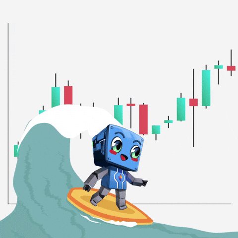 The image features a cartoon robot, possibly a blue cube or robot figure, riding a surfboard with its arms outstretched as if surfing waves. The background of the image shows a wave-like pattern composed of red and green lines, which is likely a representation of stock market trends. The post also mentions that NFTs are inevitable in the future.