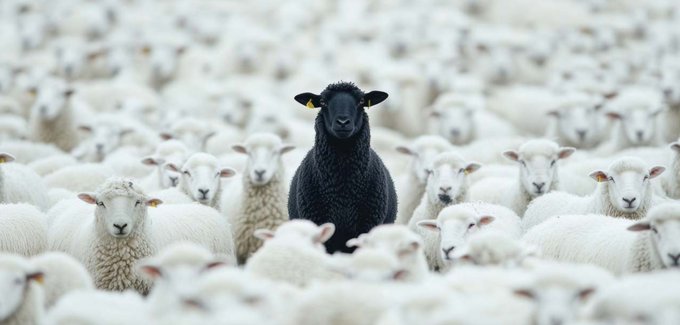 A black sheep stands out among a flock of white sheep, symbolizing individuality and resilience in the face of conformity, reflecting the post's message about holding onto value through uncertain times with the ticker $XRP.
