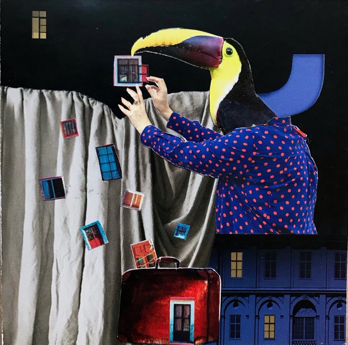A surreal collage artwork features a figure with a toucan head wearing a blue shirt with pink polka dots, holding a small window frame, set against a dark background with floating window cutouts, a gray curtain, and a red suitcase with a door.