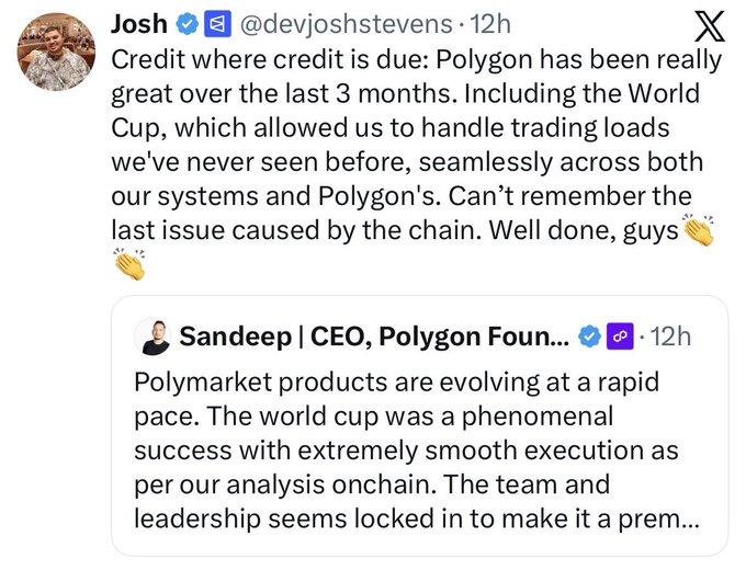 The image shows a tweet from Josh (@devjoshstevens) praising Polygon's performance over the past 3 months, particularly its seamless handling of unprecedented trading loads during the World Cup, alongside a quoted tweet from Sandeep, CEO of Polygon Foundation, calling the World Cup a "phenomenal success" for Polymarket products. This exchange supports the accompanying post's claim that Polymarket is staying on Polygon, with both the Polygon CEO and a Polymarket engineer publicly endorsing the chain's capabilities—suggesting the author remains bullish on $POL.