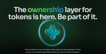 A promotional graphic with green text reading 'The ownership layer for tokens is here. Be part of it.' alongside a stylized logo, referencing UMA.
