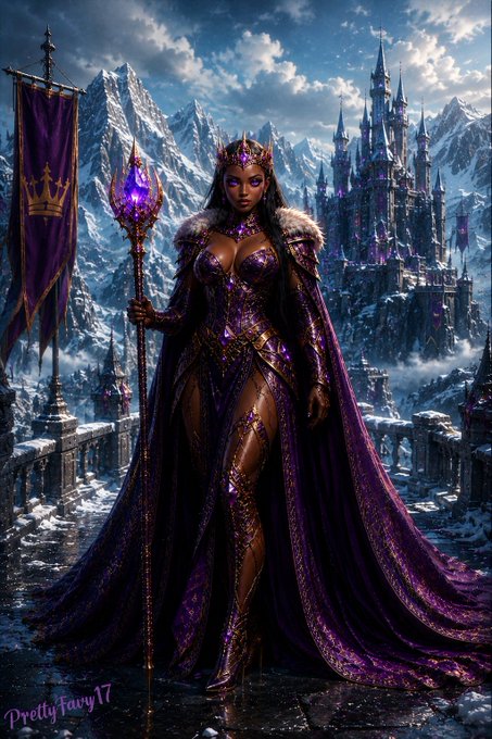 A fantasy digital artwork of a dark-skinned queen in an elaborate purple gown and cape, holding a glowing purple scepter before a snowy mountain castle; signed 'Prettyfavy77'.