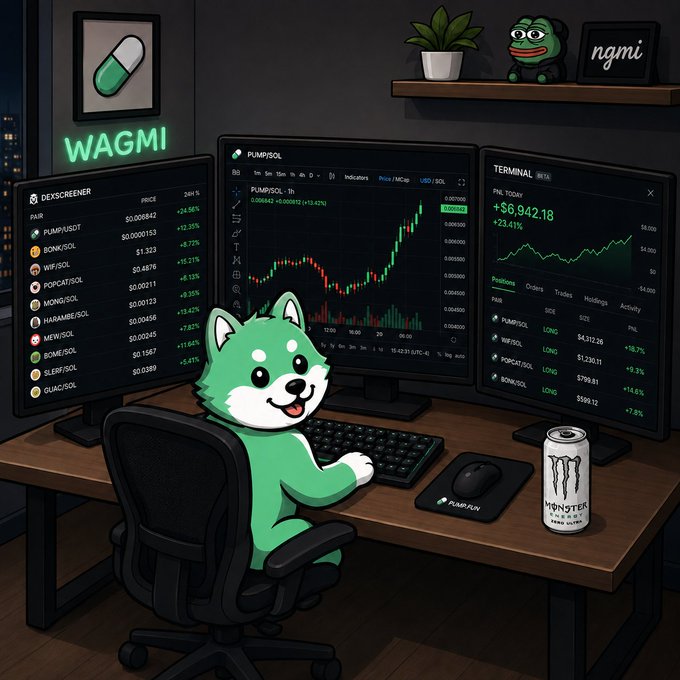 An illustrated scene shows a green cartoon dog character sitting at a desk with multiple monitors displaying crypto charts for PUMPSOL, WIF/SOL, BONK/SOL, and others, with a "WAGMI" neon sign and a Monster energy drink on the desk.