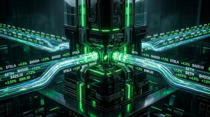 A stylized digital image of a futuristic green and black server or computer core, surrounded by glowing data streams displaying stock tickers like '$TSLA +4.5%', '$NVDA +4.5%', and prices such as '$425.10' and '$189.30'.