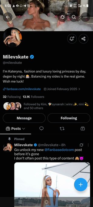 A social media profile for 'milevskate' with the bio 'I'm Kateryna, fashion and luxury loving princess by day, degen by night 🛁. Balancing my sides is the real game. Wish me luck!' showing 13.1K Followers.