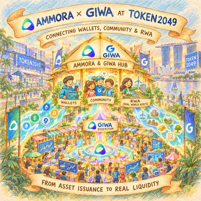 Colorful illustrated poster for 'AMMORA × GIWA AT TOKEN2049' with the tagline 'CONNECTING WALLETS, COMMUNITY & RWA,' depicting a vibrant hub featuring 'WALLETS,' 'COMMUNITY,' and 'RWA (REAL WORLD ASSETS),' and the bottom banner reads 'FROM ASSET ISSUANCE TO REAL LIQUIDITY.'